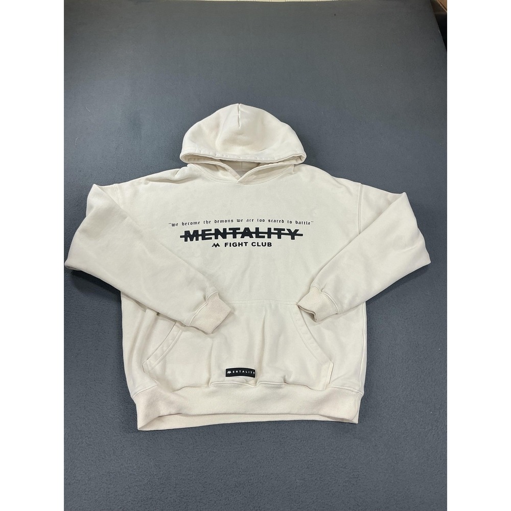 MENTALITY Hoodie Mens S Beige Pullover Fleece Hooded Pockets Logo Fight Club
